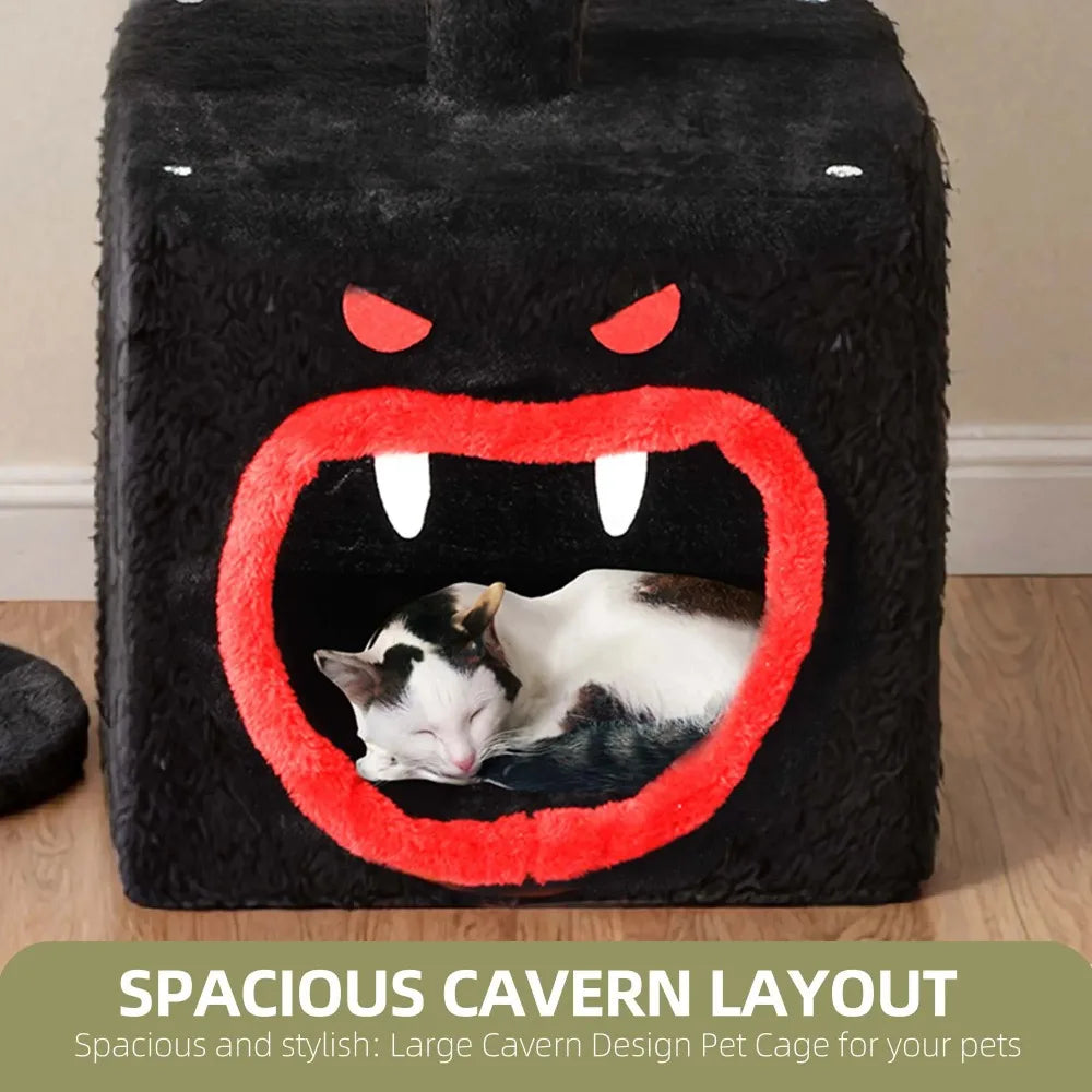 Vodapet 38.5" Gothic Cat Tree with Coffin Bed – Halloween Cat Tower with Scratching Posts, Black