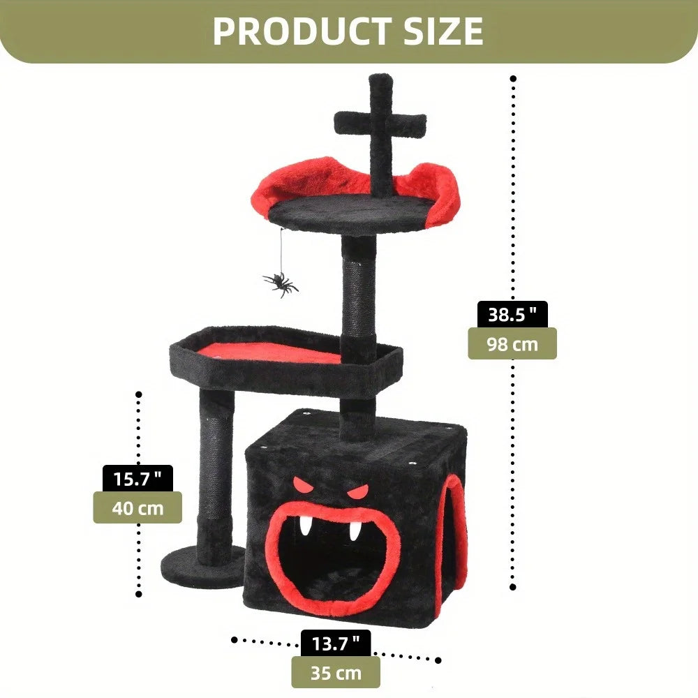 Vodapet 38.5" Gothic Cat Tree with Coffin Bed – Halloween Cat Tower with Scratching Posts, Black