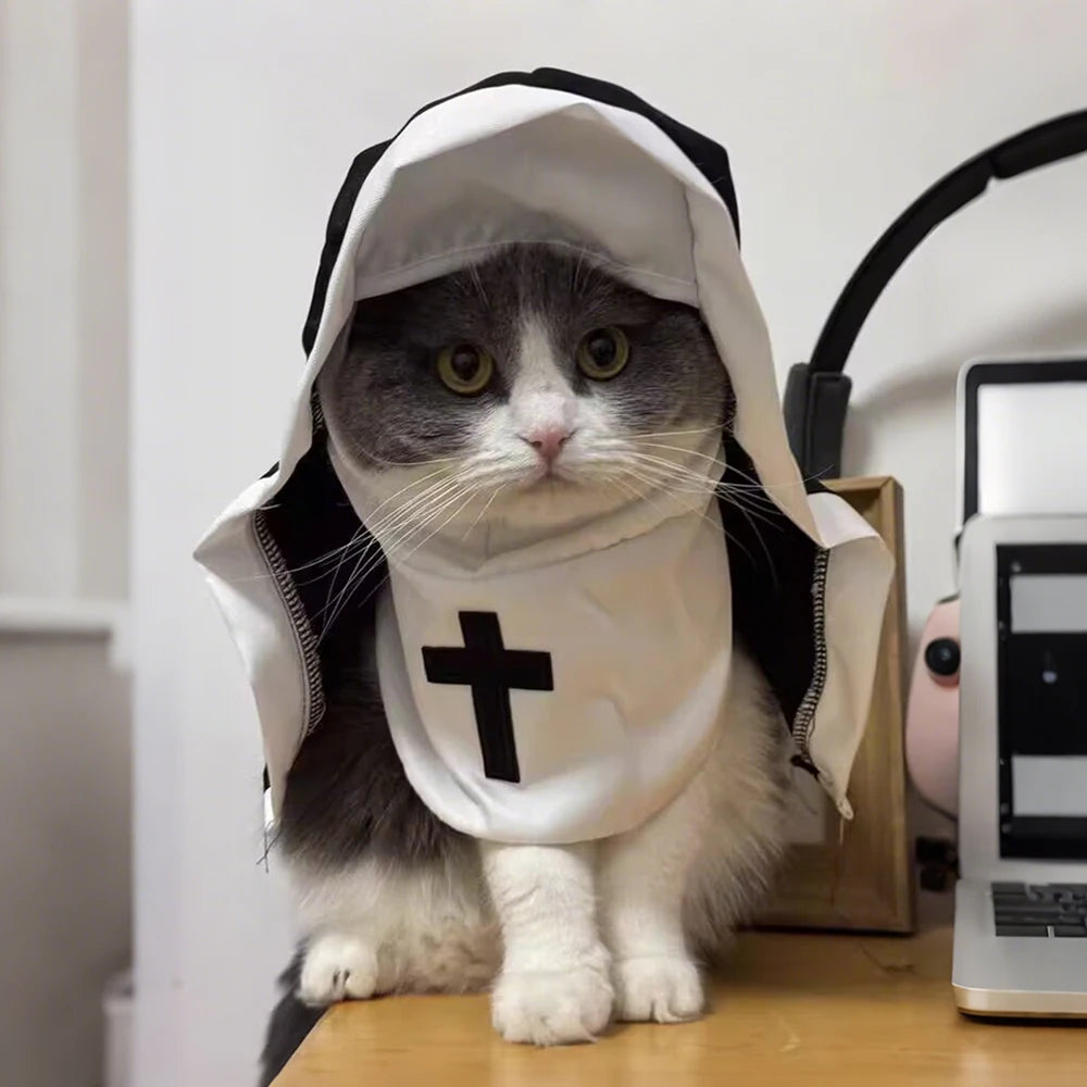 Vodapet Halloween Nun Costume for Cats & Small Dogs – Funny Cross Print Pet Outfit