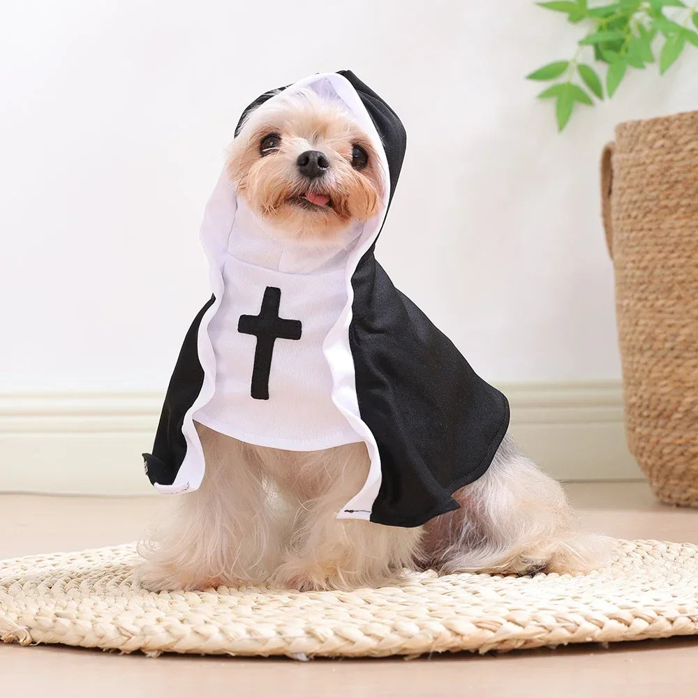 Vodapet Halloween Nun Costume for Cats & Small Dogs – Funny Cross Print Pet Outfit