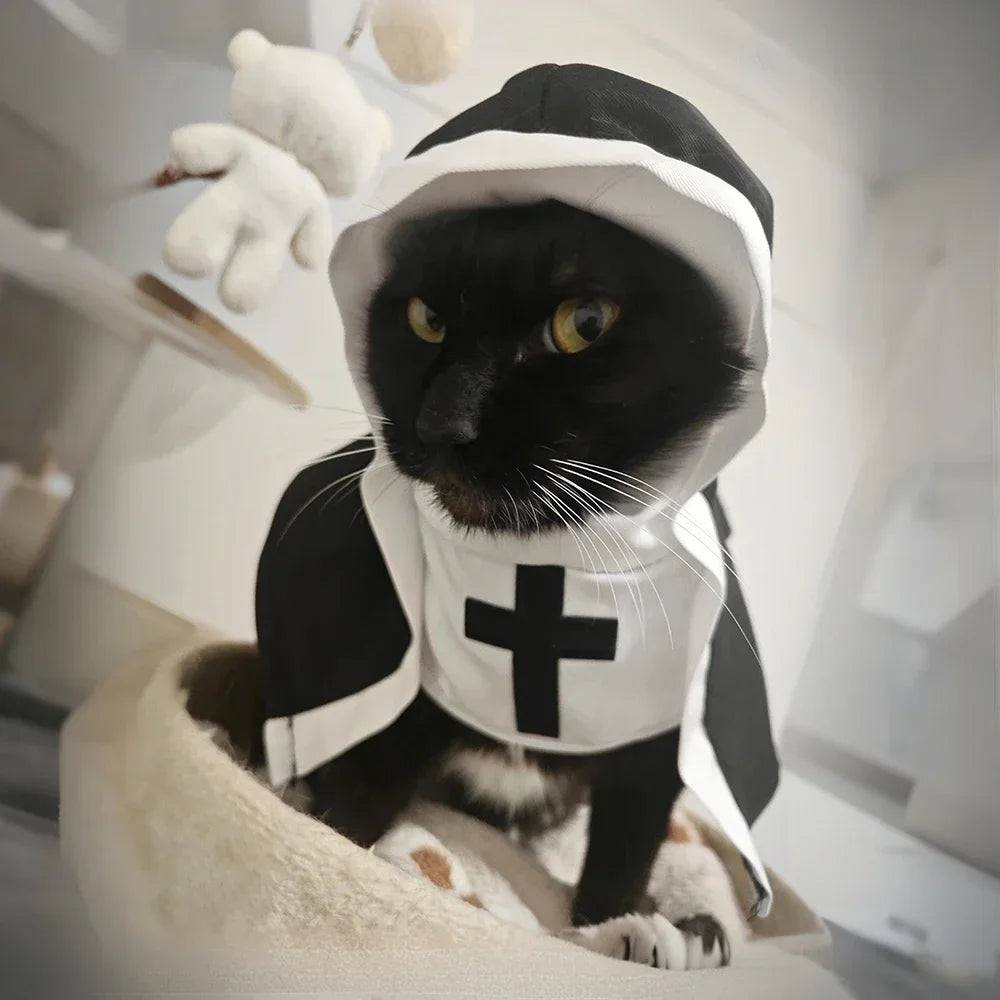 Vodapet Halloween Nun Costume for Cats & Small Dogs – Funny Cross Print Pet Outfit
