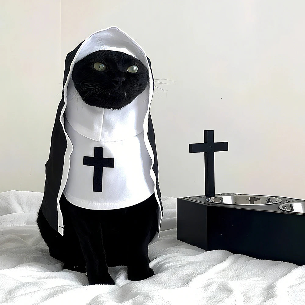 Vodapet Halloween Nun Costume for Cats & Small Dogs – Funny Cross Print Pet Outfit